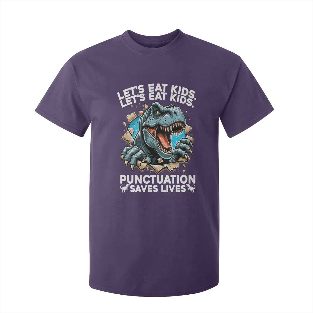 Funny Grammar Dino T Shirt For Kid Let Us Eat Kids Punctuation Saves Lives TS14 Purple Print Your Wear