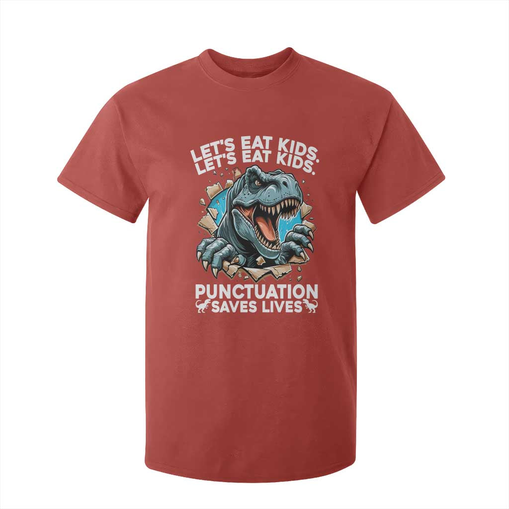 Funny Grammar Dino T Shirt For Kid Let Us Eat Kids Punctuation Saves Lives TS14 Red Print Your Wear