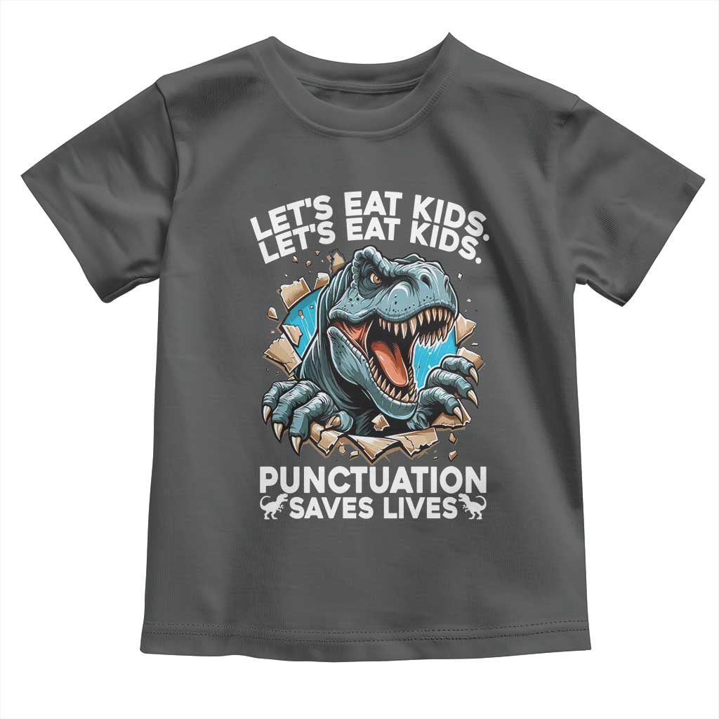 Funny Grammar Dino Toddler T Shirt Let Us Eat Kids Punctuation Saves Lives TS14 Dark Heather Print Your Wear