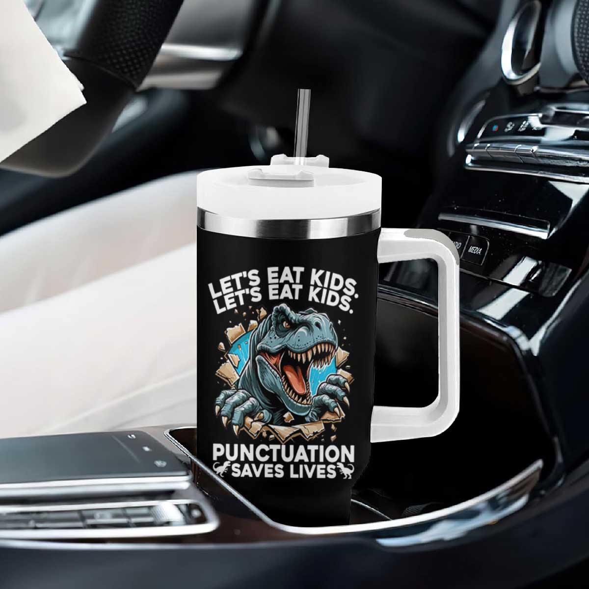 Funny Grammar Dino Tumbler With Handle Let Us Eat Kids Punctuation Saves Lives TS14 Print Your Wear