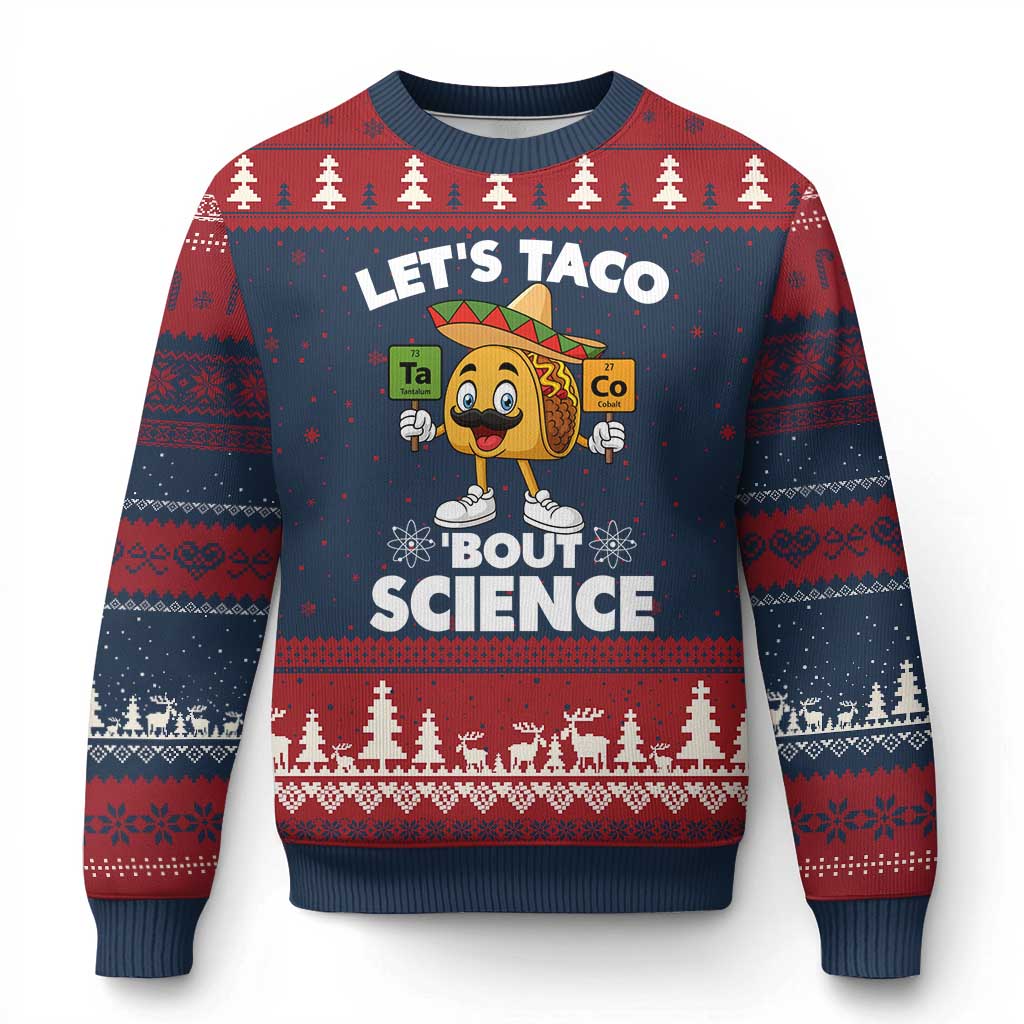 Funny Science Taco Pun Ugly Christmas Sweater Let Is Taco Bout Science TS14 Navy Red Print Your Wear