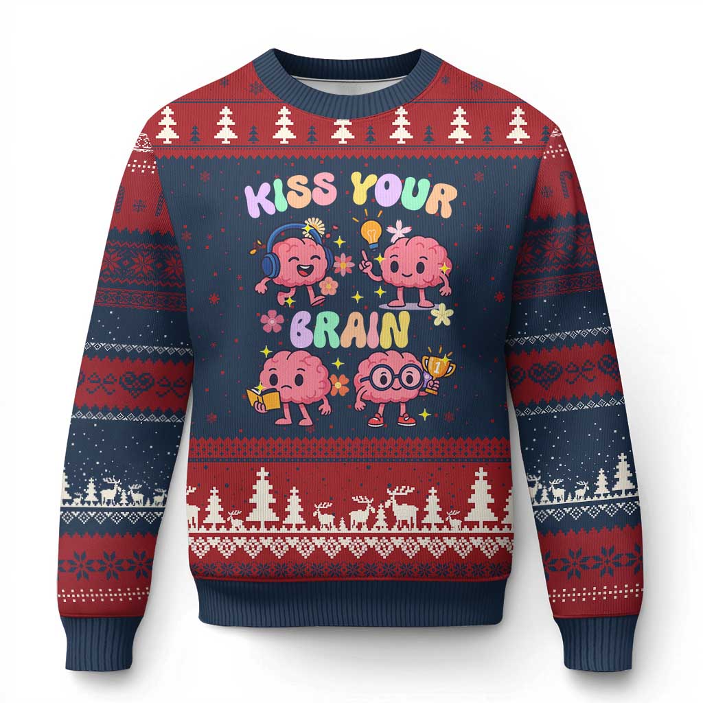 Kiss Your Brain Ugly Christmas Sweater Funny Teacher TS14 Navy Red Print Your Wear