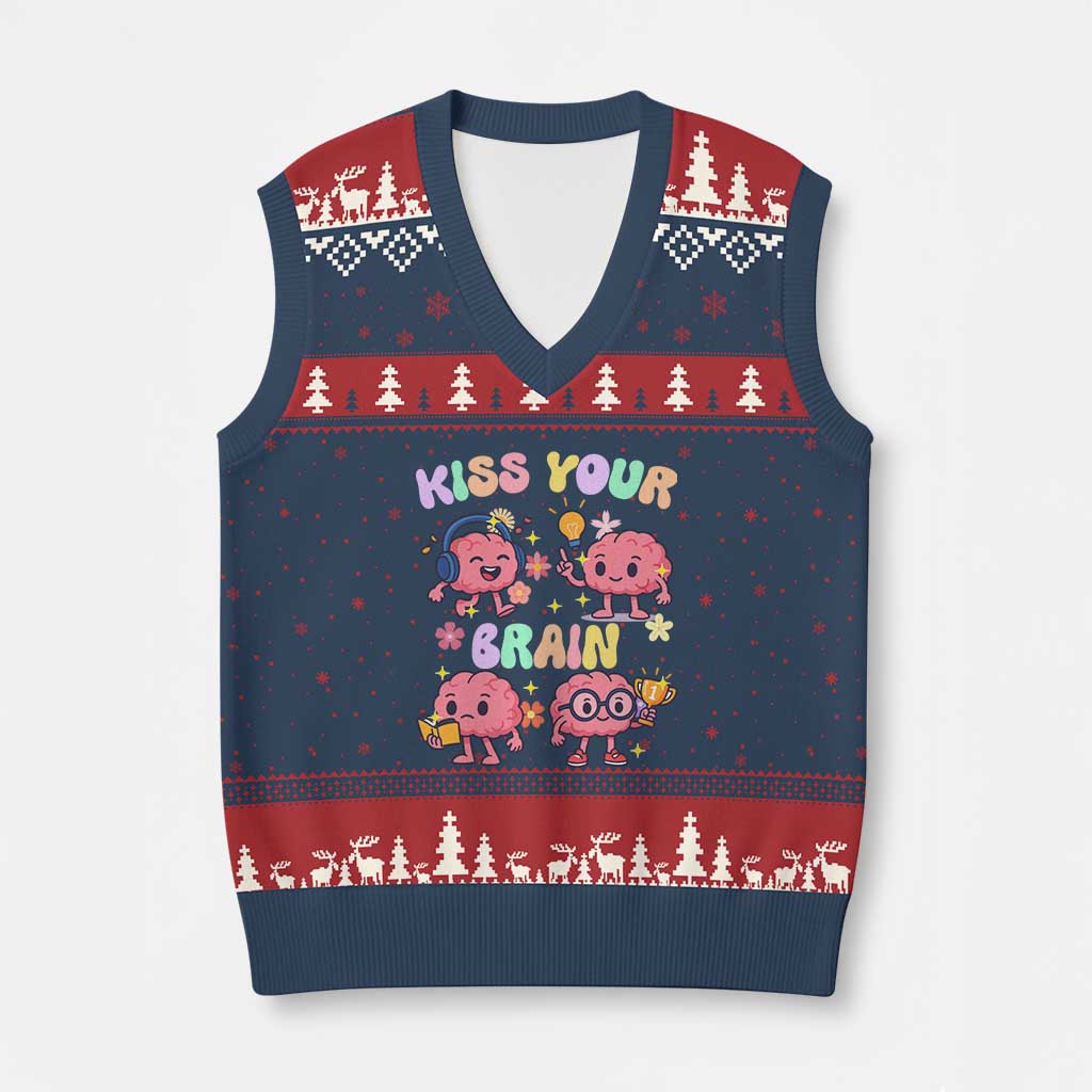 Kiss Your Brain V-Neck Knit Sweater Vest Funny Teacher TS14 Navy Red Print Your Wear