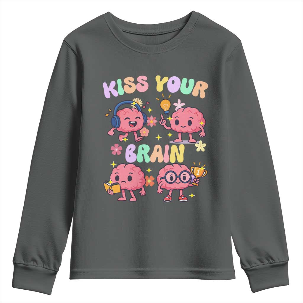 Kiss Your Brain Youth Sweatshirt Funny Teacher TS14 Dark Heather Print Your Wear