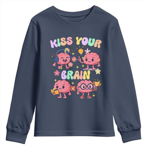 Kiss Your Brain Youth Sweatshirt Funny Teacher TS14 Navy Print Your Wear