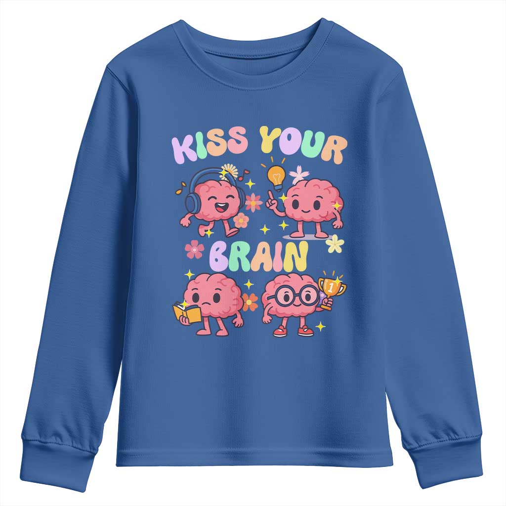 Kiss Your Brain Youth Sweatshirt Funny Teacher TS14 Royal Blue Print Your Wear