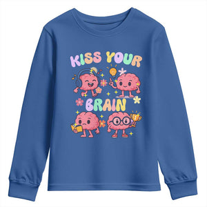 Kiss Your Brain Youth Sweatshirt Funny Teacher TS14 Royal Blue Print Your Wear