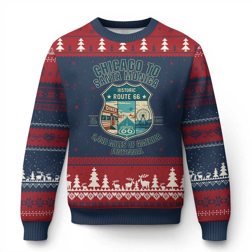 Route Highway 66 Chicago Santa Monica Vintage America Road Trip Ugly Christmas Sweater TS14 Navy Red Print Your Wear