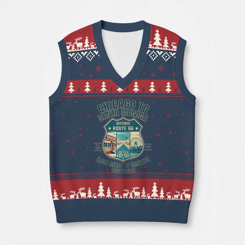 Route Highway 66 Chicago Santa Monica Vintage America Road Trip V-Neck Knit Sweater Vest TS14 Navy Red Print Your Wear