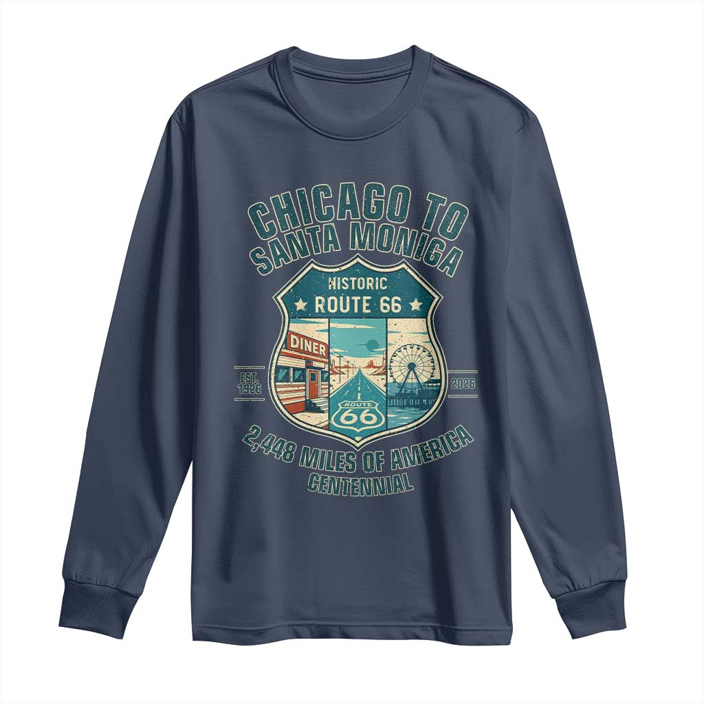 Route Highway 66 Chicago Santa Monica Vintage America Road Trip Long Sleeve Shirt TS14 Navy Print Your Wear