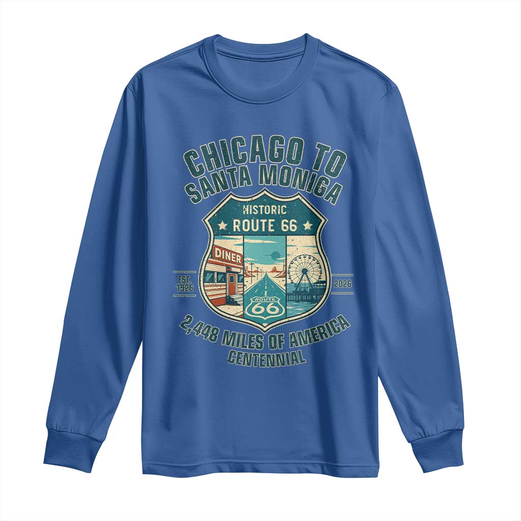 Route Highway 66 Chicago Santa Monica Vintage America Road Trip Long Sleeve Shirt TS14 Royal Blue Print Your Wear