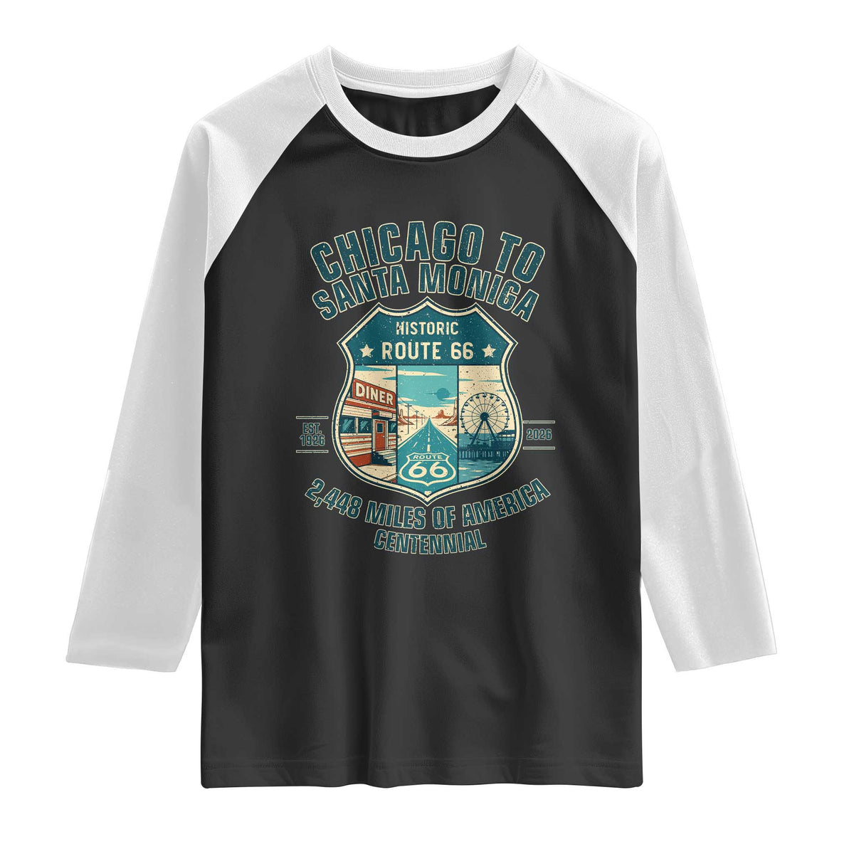 Route Highway 66 Chicago Santa Monica Vintage America Road Trip Raglan Shirt TS14 Black White Print Your Wear