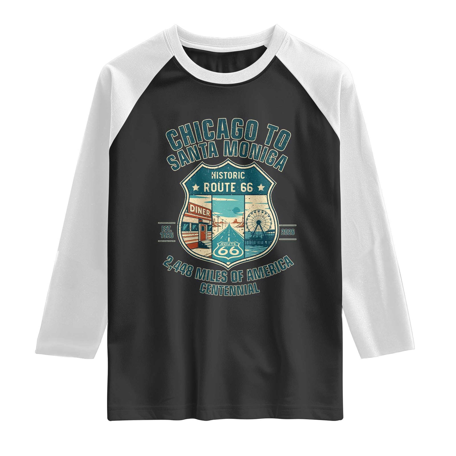 Route Highway 66 Chicago Santa Monica Vintage America Road Trip Raglan Shirt TS14 Black White Print Your Wear