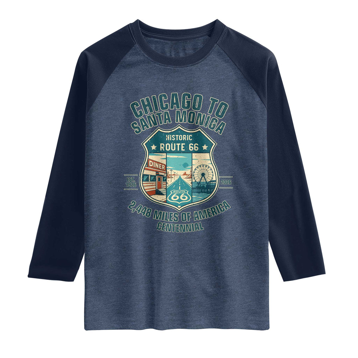 Route Highway 66 Chicago Santa Monica Vintage America Road Trip Raglan Shirt TS14 Heather Denim Navy Print Your Wear