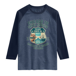 Route Highway 66 Chicago Santa Monica Vintage America Road Trip Raglan Shirt TS14 Heather Denim Navy Print Your Wear