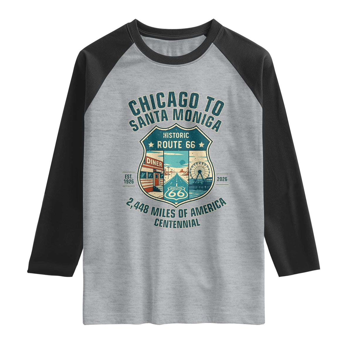 Route Highway 66 Chicago Santa Monica Vintage America Road Trip Raglan Shirt TS14 Heather Gray Black Print Your Wear
