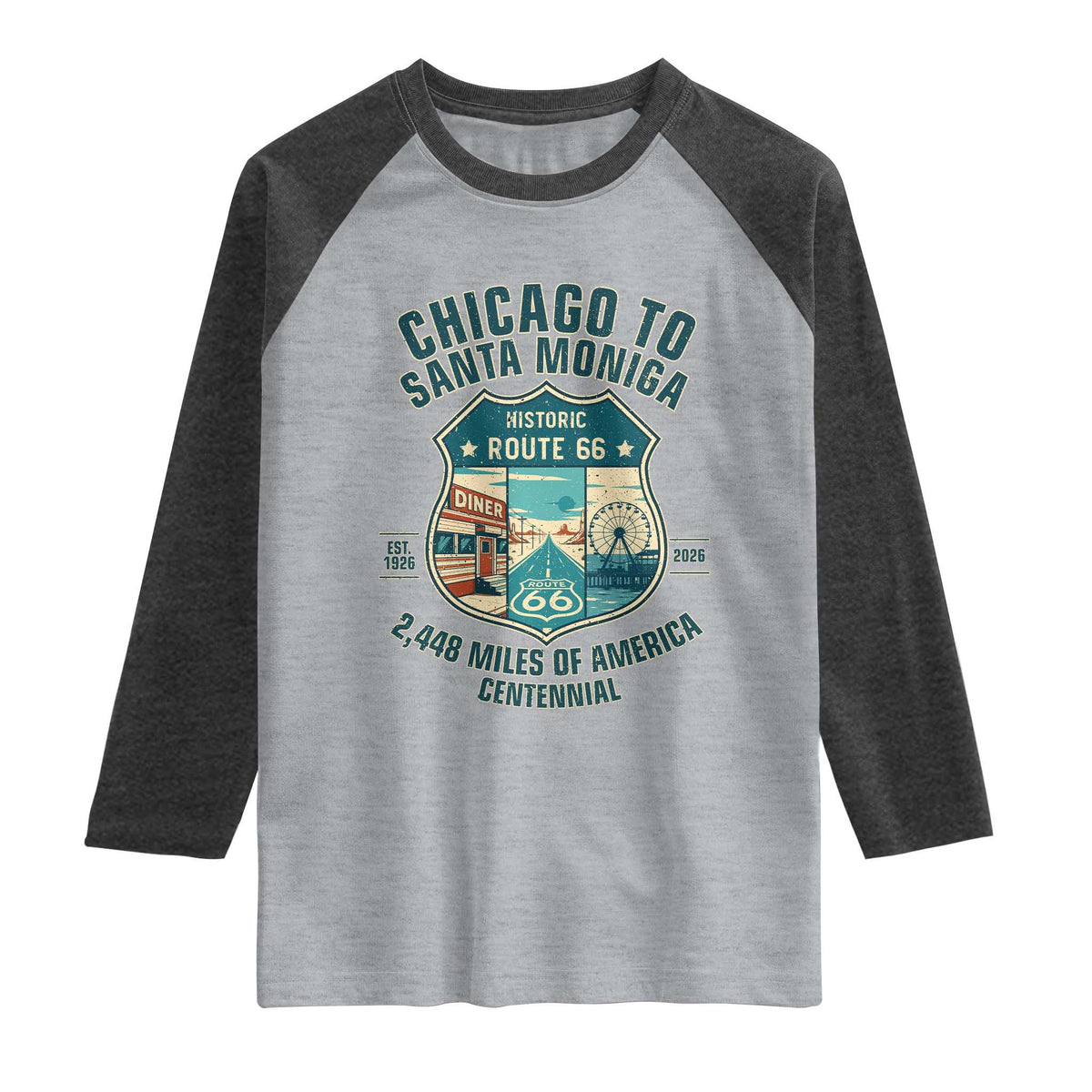 Route Highway 66 Chicago Santa Monica Vintage America Road Trip Raglan Shirt TS14 Heather Gray Heather Charcoal Print Your Wear