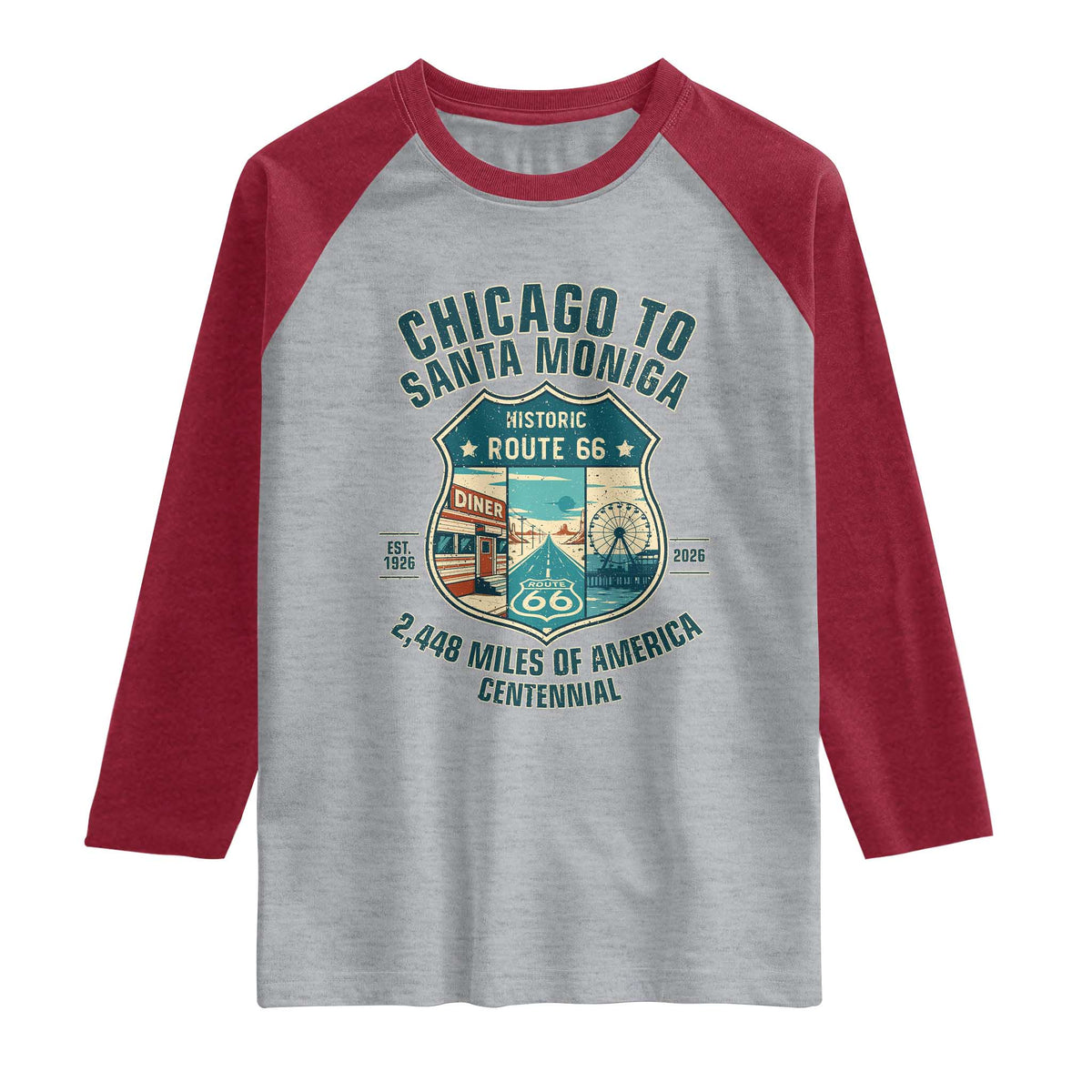Route Highway 66 Chicago Santa Monica Vintage America Road Trip Raglan Shirt TS14 Heather Gray Heather Red Print Your Wear