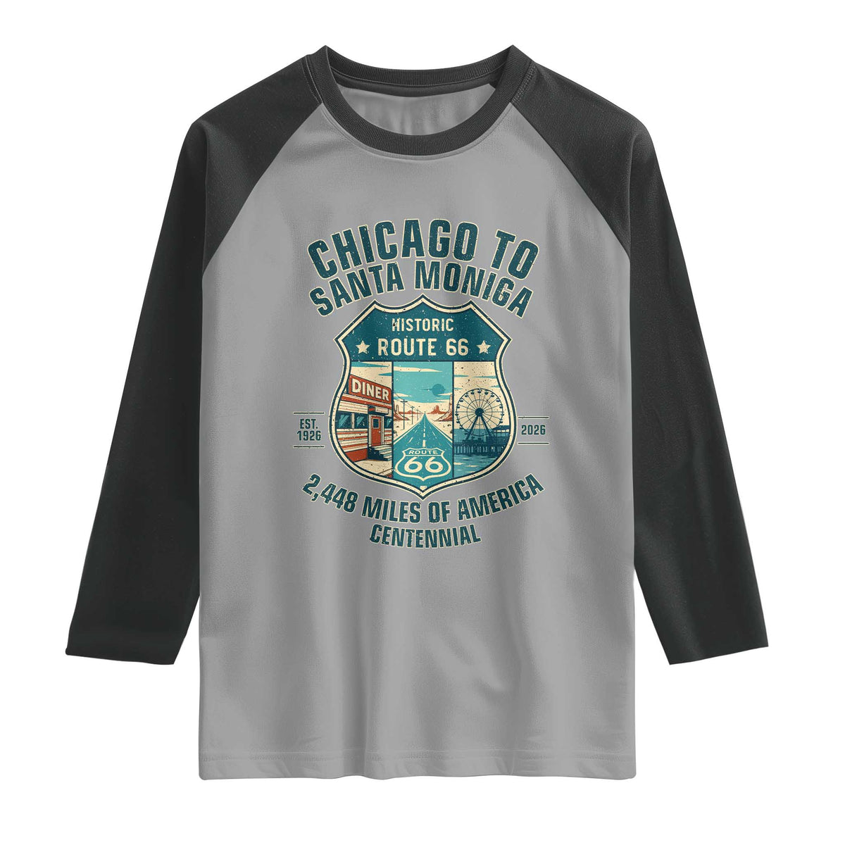 Route Highway 66 Chicago Santa Monica Vintage America Road Trip Raglan Shirt TS14 Sport Gray Black Print Your Wear