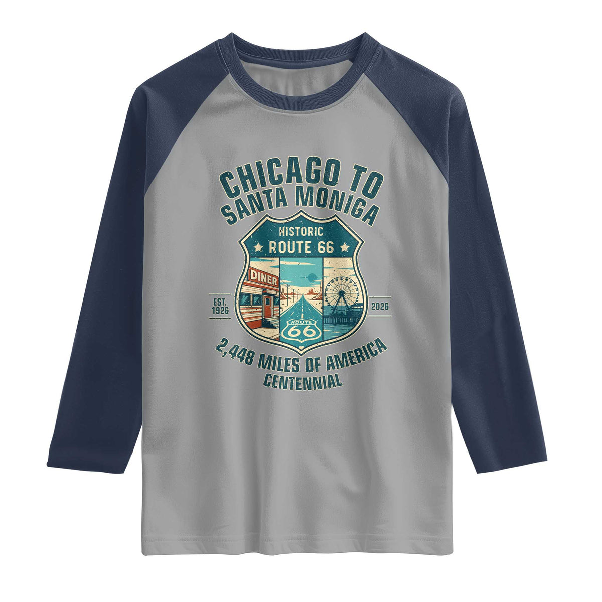 Route Highway 66 Chicago Santa Monica Vintage America Road Trip Raglan Shirt TS14 Sport Gray Navy Print Your Wear