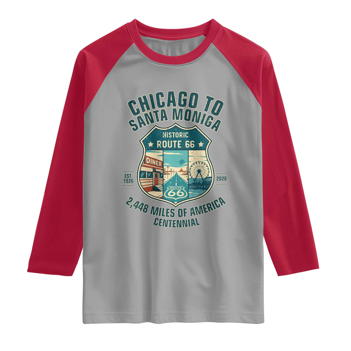 Route Highway 66 Chicago Santa Monica Vintage America Road Trip Raglan Shirt TS14 Sport Gray Red Print Your Wear