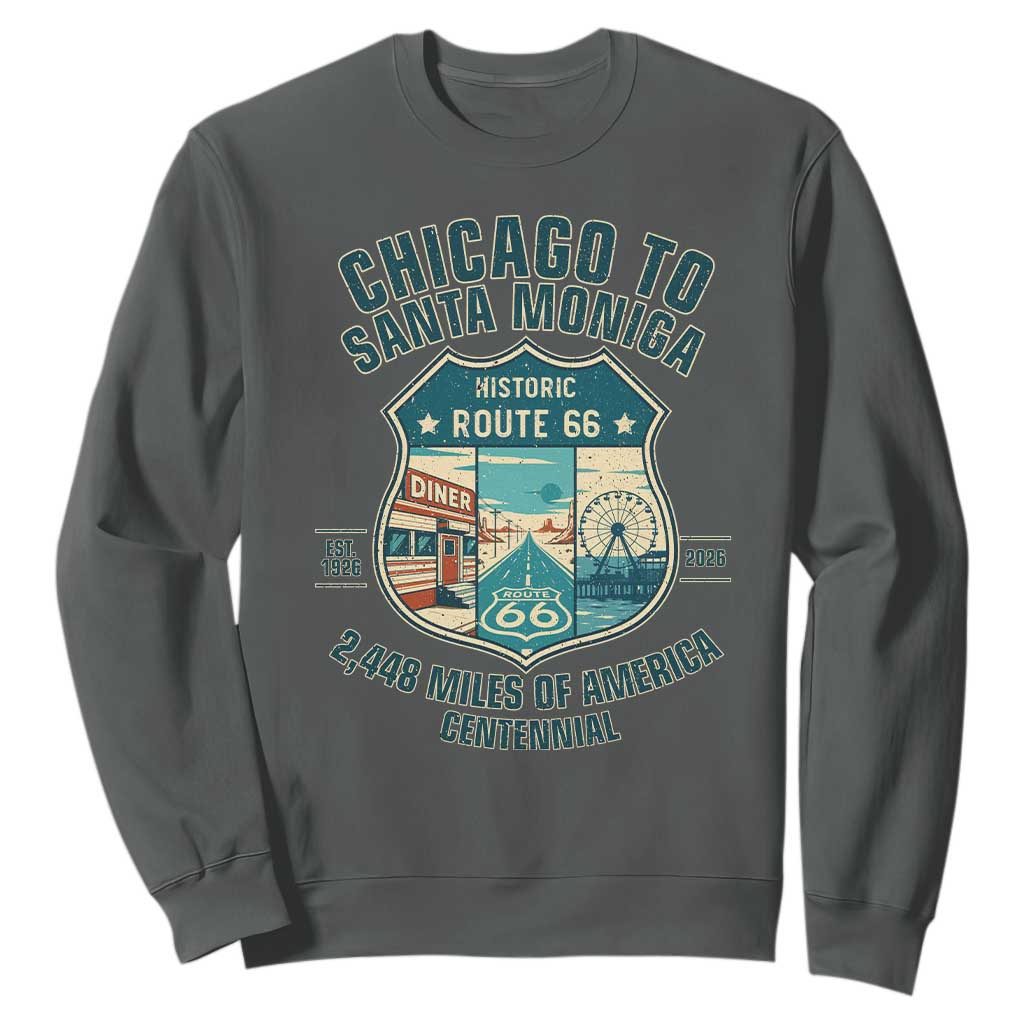 Route Highway 66 Chicago Santa Monica Vintage America Road Trip Sweatshirt TS14 Dark Heather Print Your Wear