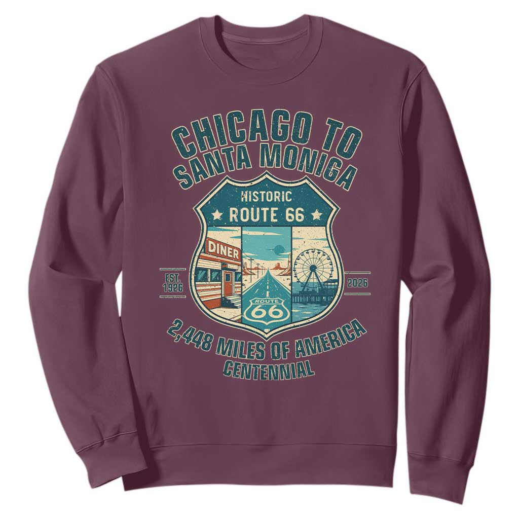 Route Highway 66 Chicago Santa Monica Vintage America Road Trip Sweatshirt TS14 Maroon Print Your Wear
