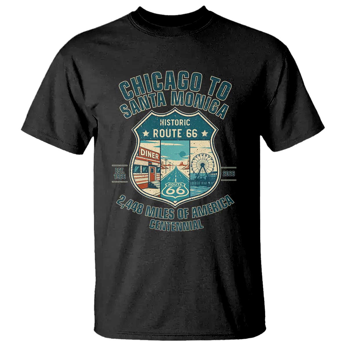 Route Highway 66 Chicago Santa Monica Vintage America Road Trip T Shirt TS14 Black Print Your Wear