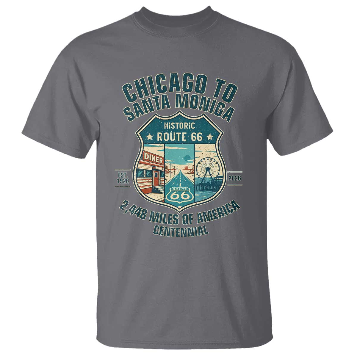 Route Highway 66 Chicago Santa Monica Vintage America Road Trip T Shirt TS14 Charcoal Print Your Wear