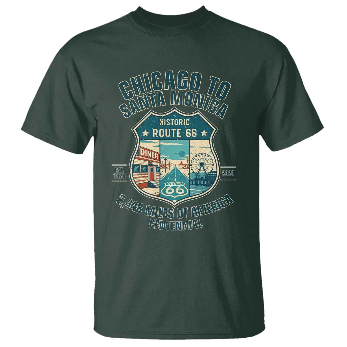 Route Highway 66 Chicago Santa Monica Vintage America Road Trip T Shirt TS14 Dark Forest Green Print Your Wear