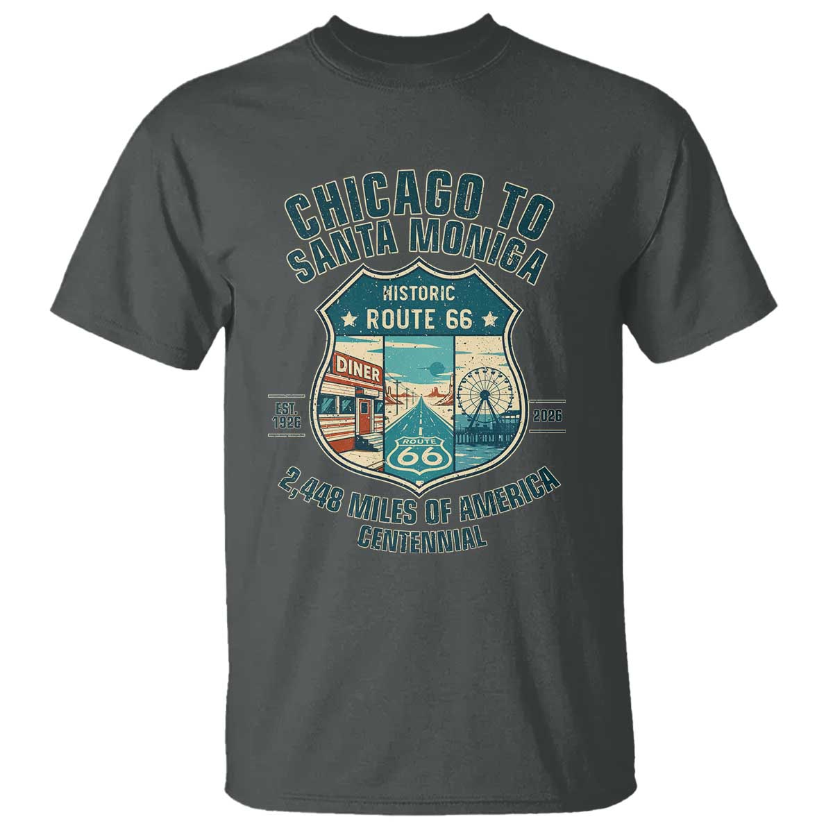 Route Highway 66 Chicago Santa Monica Vintage America Road Trip T Shirt TS14 Dark Heather Print Your Wear