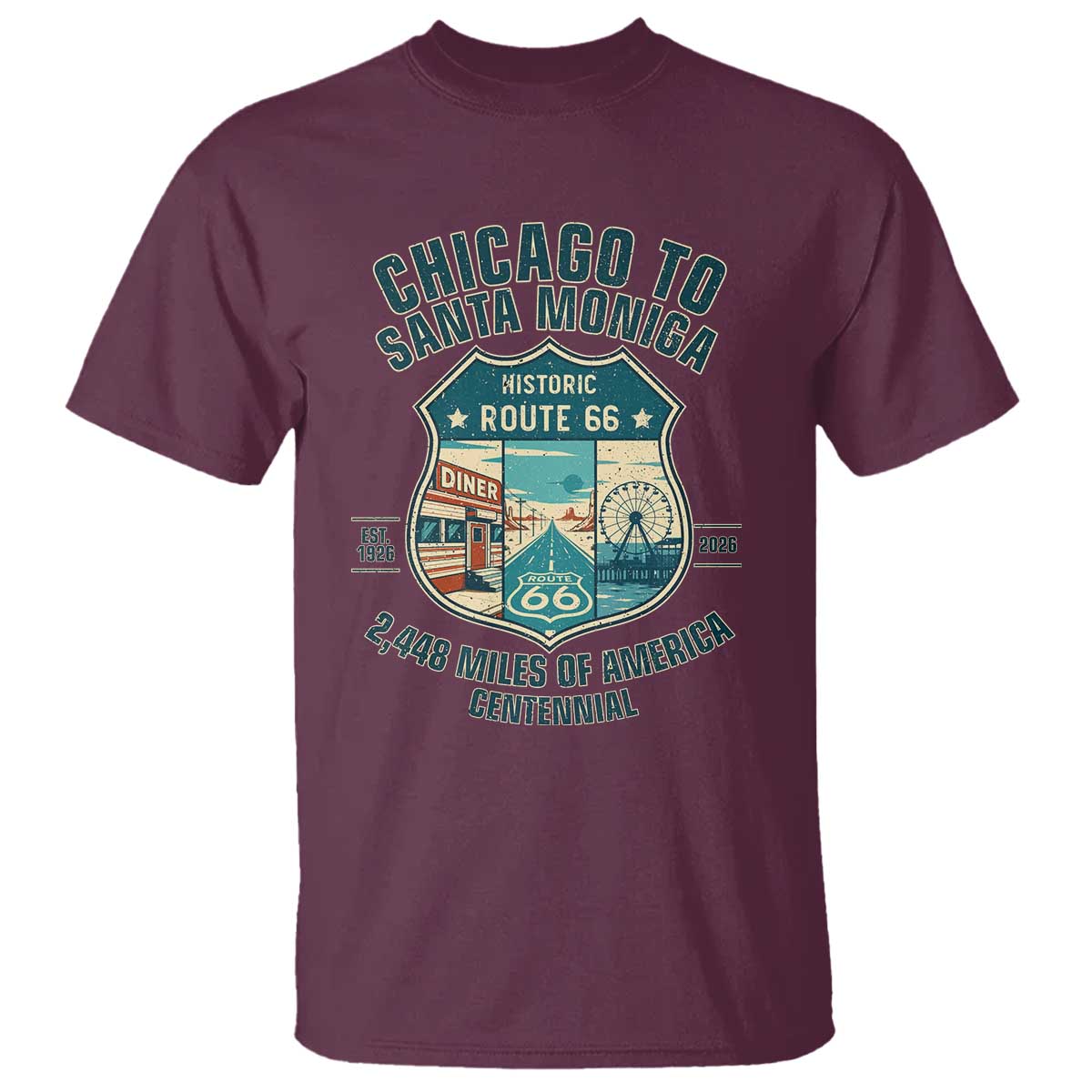 Route Highway 66 Chicago Santa Monica Vintage America Road Trip T Shirt TS14 Maroon Print Your Wear