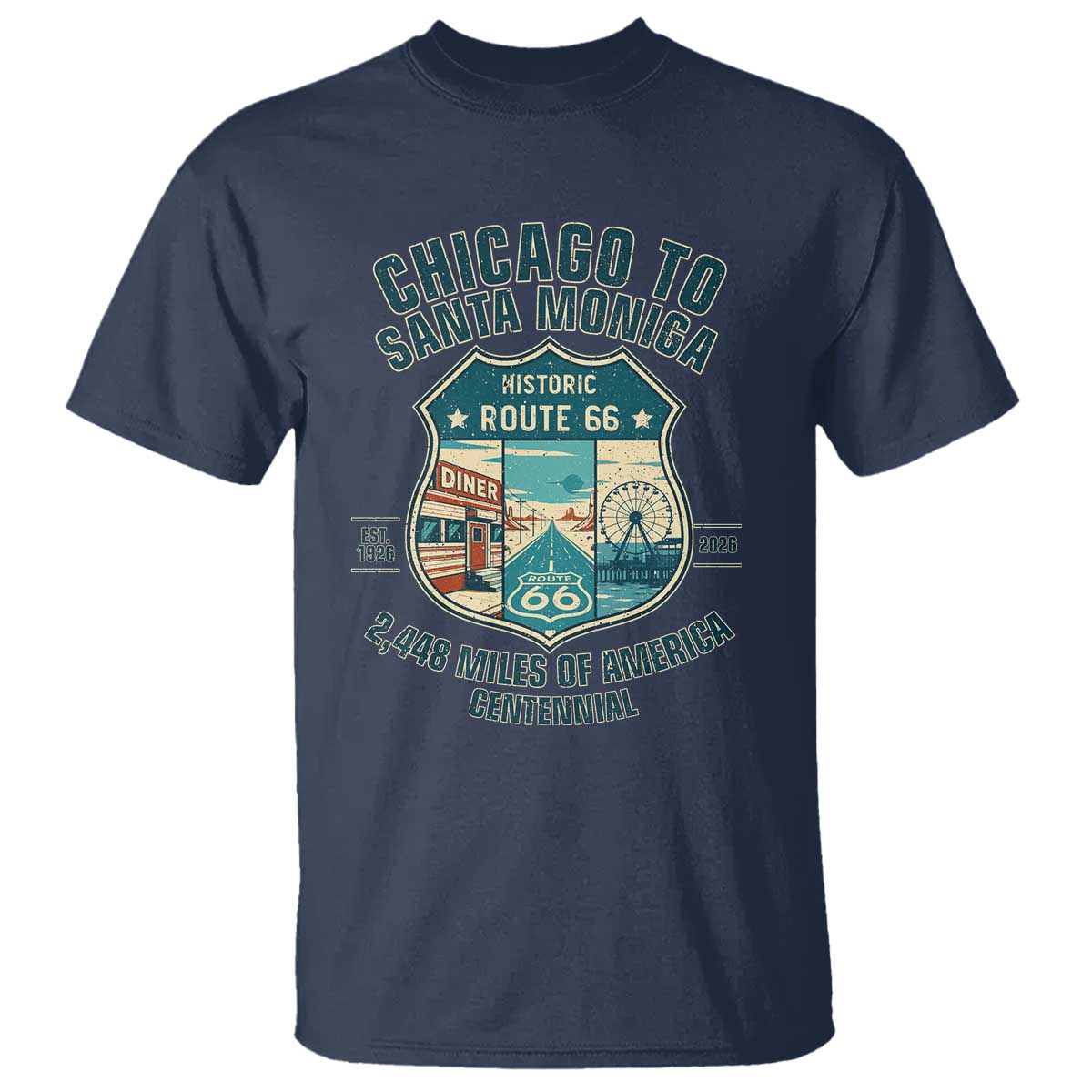 Route Highway 66 Chicago Santa Monica Vintage America Road Trip T Shirt TS14 Navy Print Your Wear