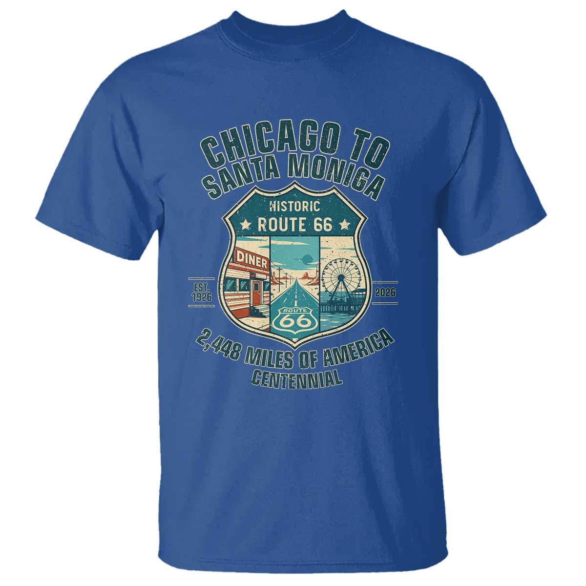 Route Highway 66 Chicago Santa Monica Vintage America Road Trip T Shirt TS14 Royal Blue Print Your Wear