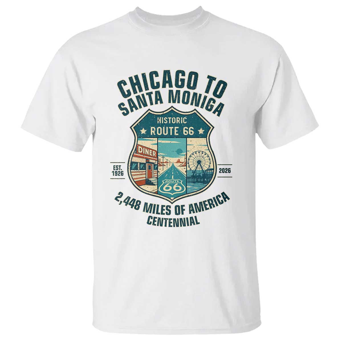 Route Highway 66 Chicago Santa Monica Vintage America Road Trip T Shirt TS14 White Print Your Wear