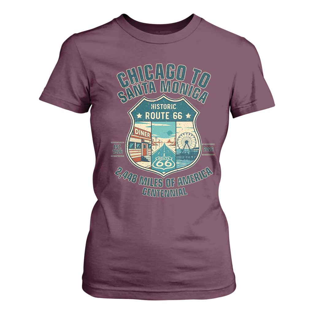 Route Highway 66 Chicago Santa Monica Vintage America Road Trip T Shirt For Women TS14 Maroon Print Your Wear