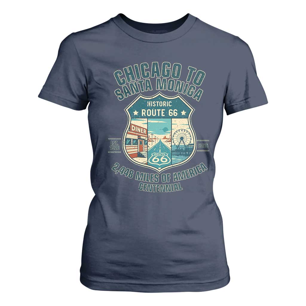 Route Highway 66 Chicago Santa Monica Vintage America Road Trip T Shirt For Women TS14 Navy Print Your Wear