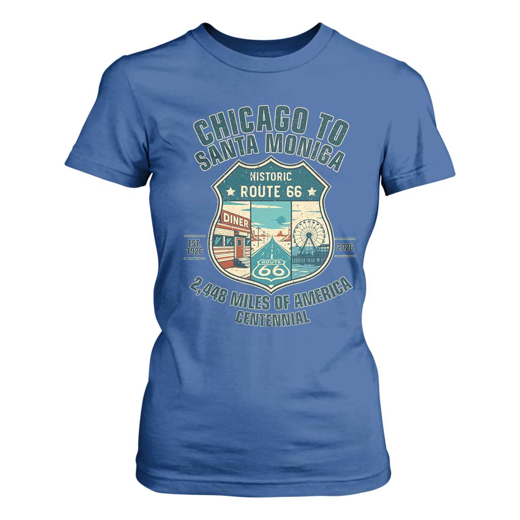 Route Highway 66 Chicago Santa Monica Vintage America Road Trip T Shirt For Women TS14 Royal Blue Print Your Wear