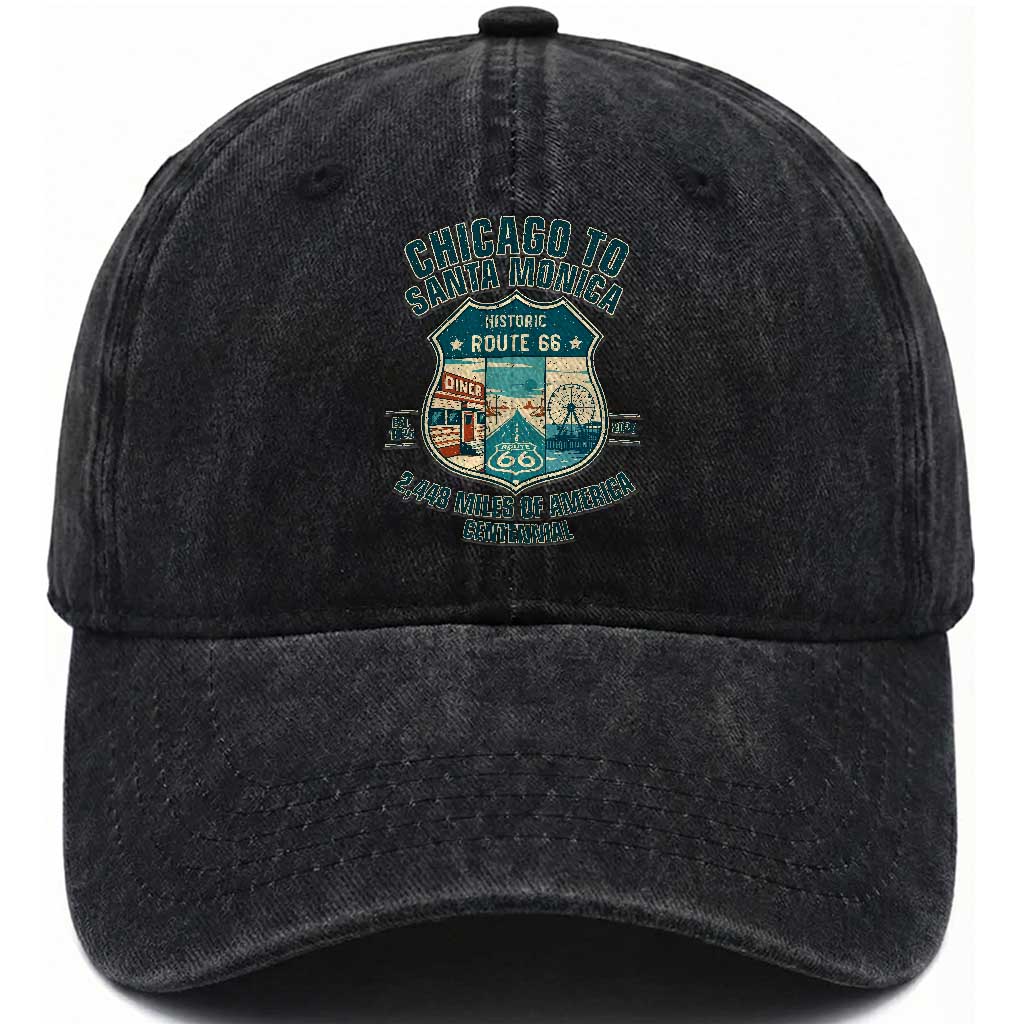 Route Highway 66 Chicago Santa Monica Vintage America Road Trip Washed Cotton Baseball Cap
