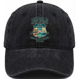 Route Highway 66 Chicago Santa Monica Vintage America Road Trip Washed Cotton Baseball Cap