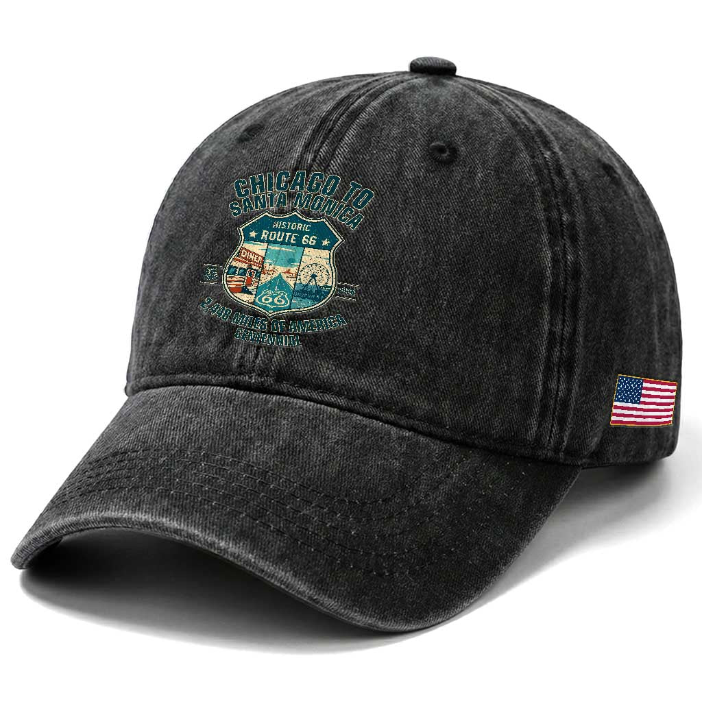 Route Highway 66 Chicago Santa Monica Vintage America Road Trip Washed Cotton Baseball Cap