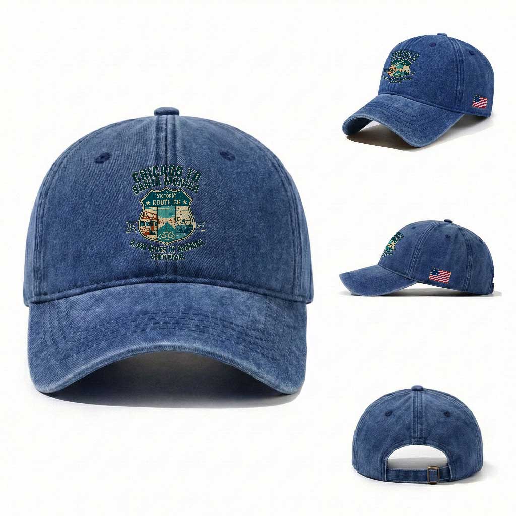 Route Highway 66 Chicago Santa Monica Vintage America Road Trip Washed Cotton Baseball Cap
