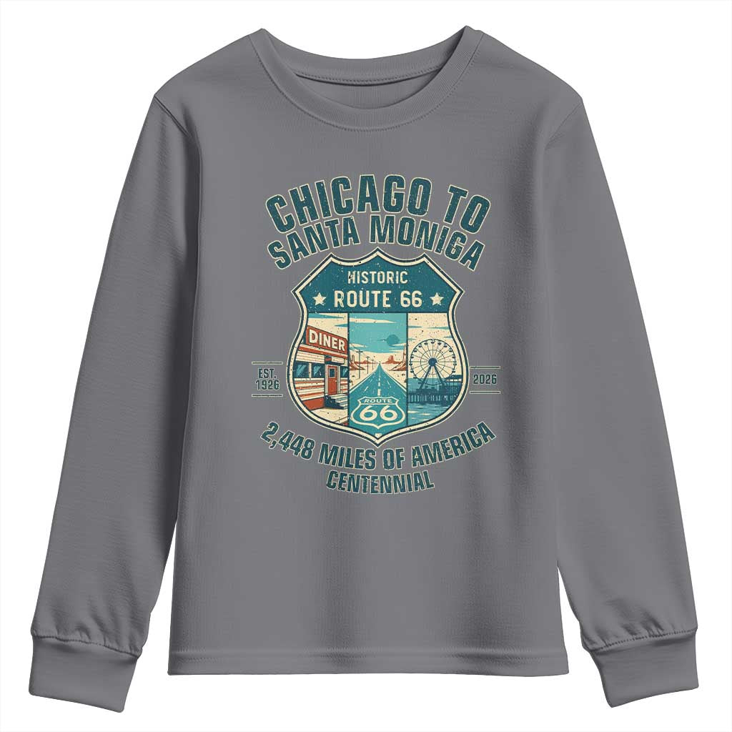 Route Highway 66 Chicago Santa Monica Vintage America Road Trip Youth Sweatshirt TS14 Charcoal Print Your Wear