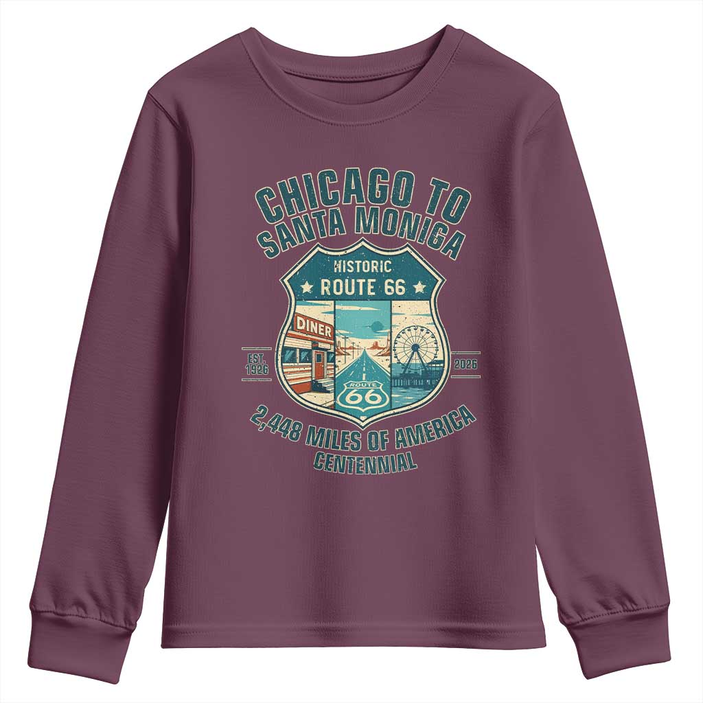 Route Highway 66 Chicago Santa Monica Vintage America Road Trip Youth Sweatshirt TS14 Maroon Print Your Wear