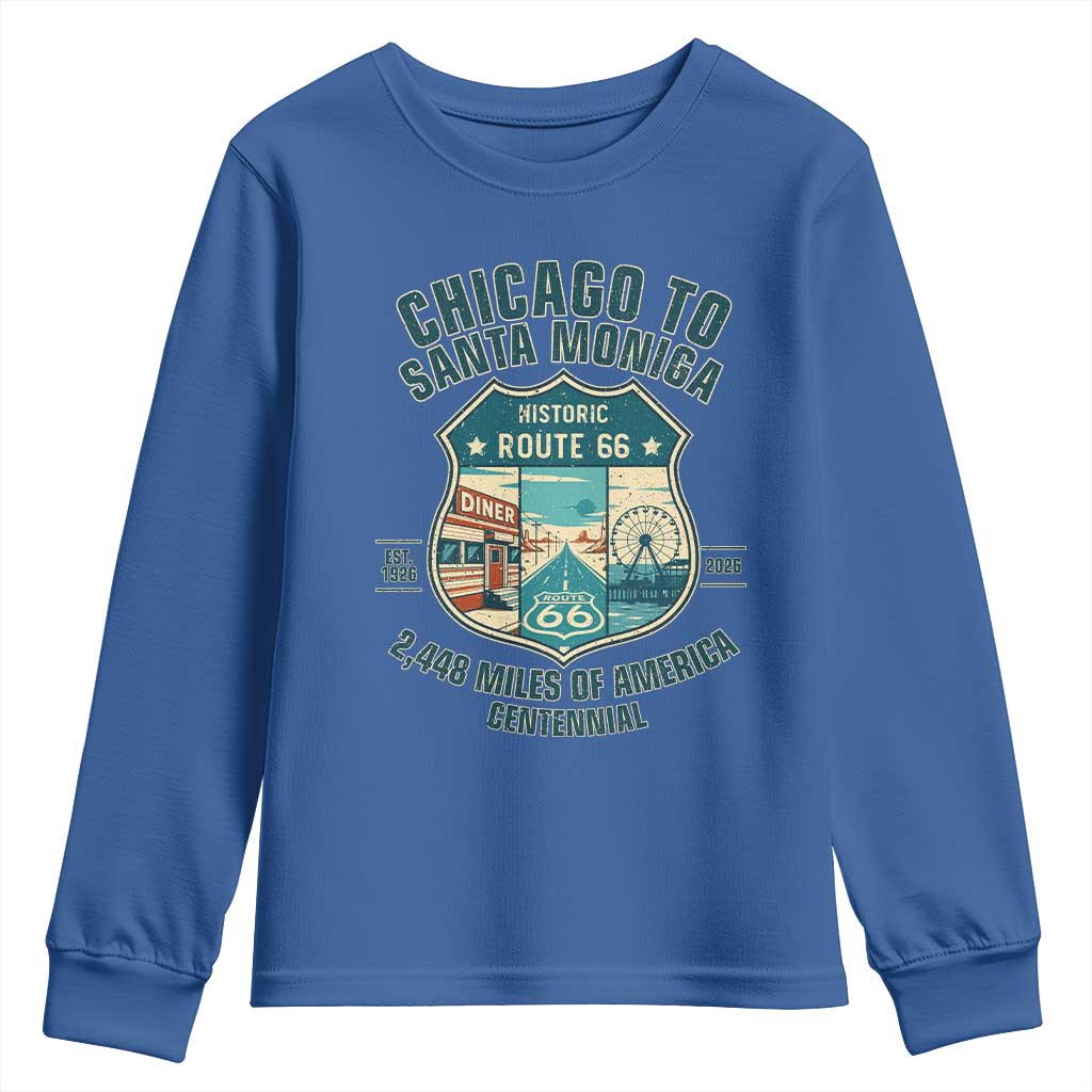 Route Highway 66 Chicago Santa Monica Vintage America Road Trip Youth Sweatshirt TS14 Royal Blue Print Your Wear