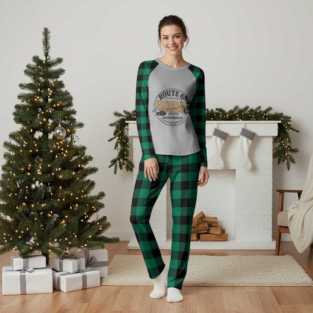 Route Highway 66 Map Chicago to Santa Monica Plaid Pajama Set Vintage America Road Trip Americana