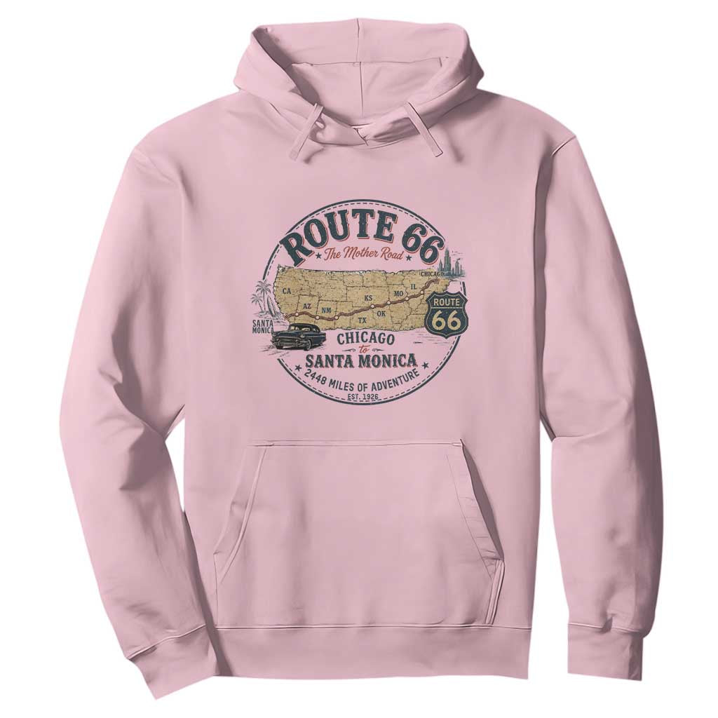 Route Highway 66 Map Chicago to Santa Monica Hoodie Vintage America Road Trip Americana
