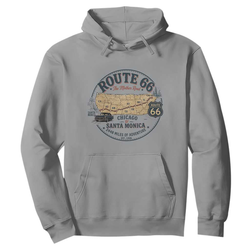 Route Highway 66 Map Chicago to Santa Monica Hoodie Vintage America Road Trip Americana
