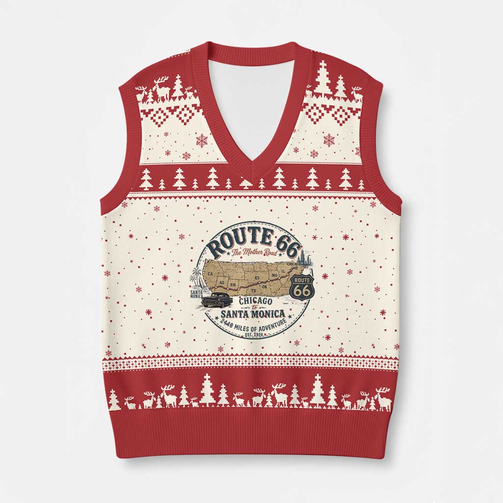 Route Highway 66 Map Chicago to Santa Monica V-Neck Knit Sweater Vest Vintage America Road Trip Americana