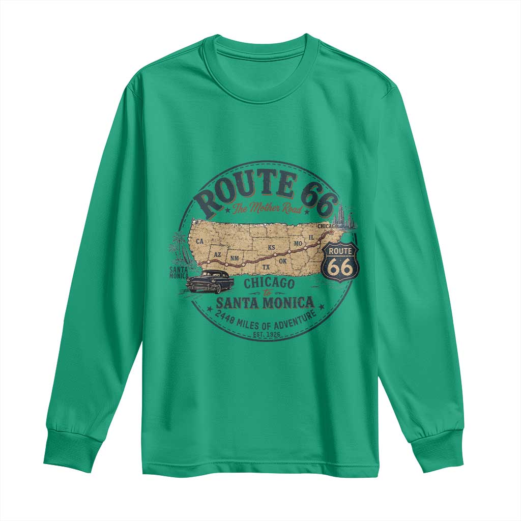 Route Highway 66 Map Chicago to Santa Monica Long Sleeve Shirt Vintage America Road Trip Americana